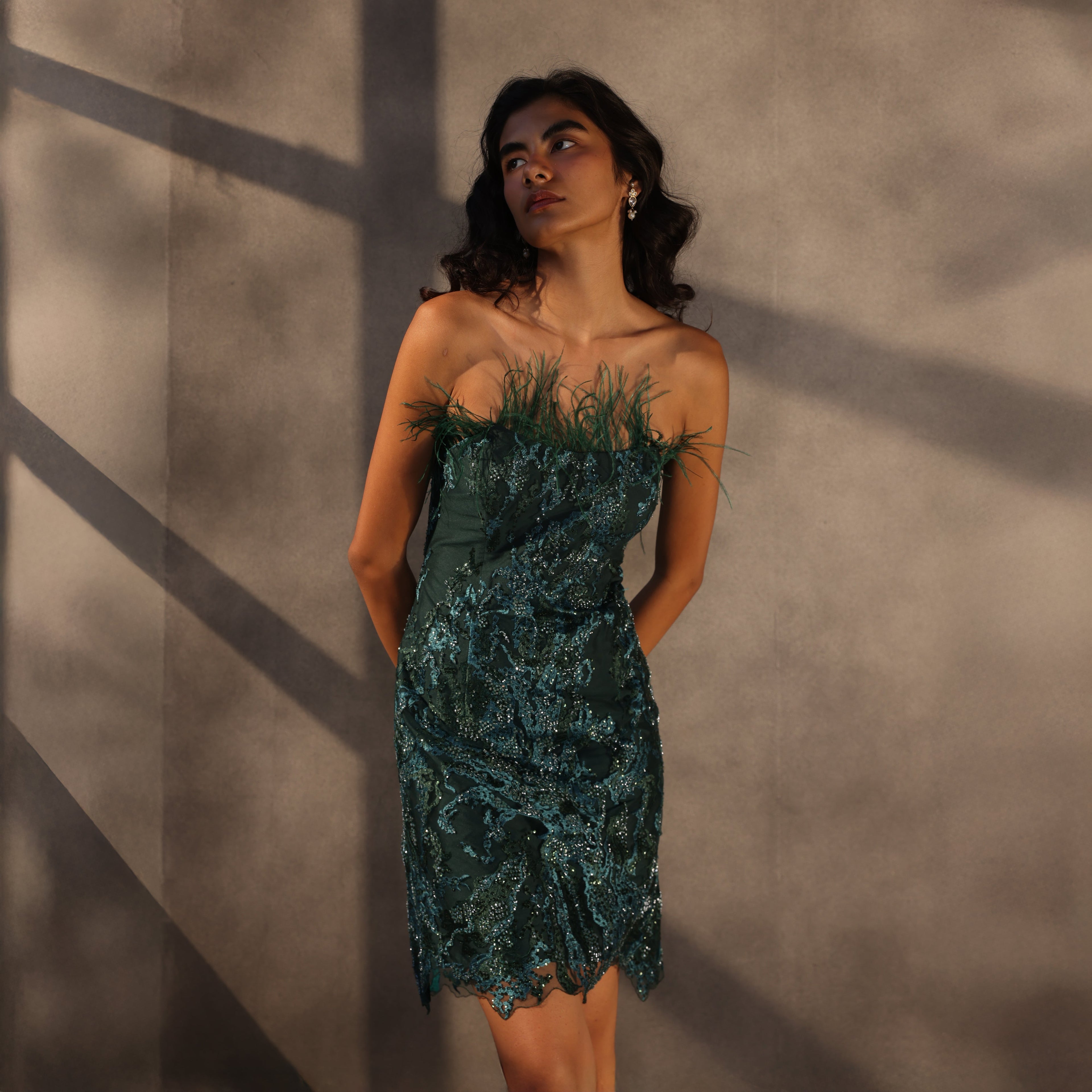 Emerald Reverie – Feathered Corset Dress