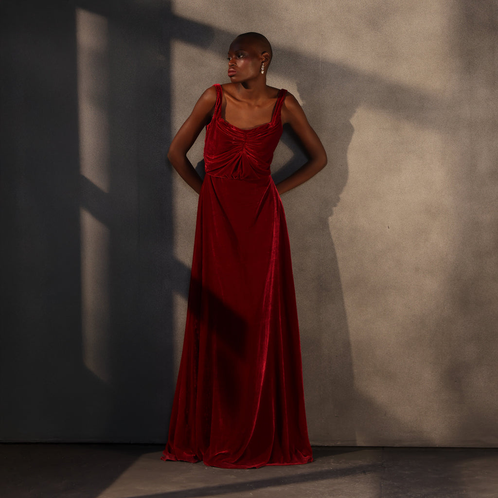 Crimson Reverie – Velvet Draped Gown