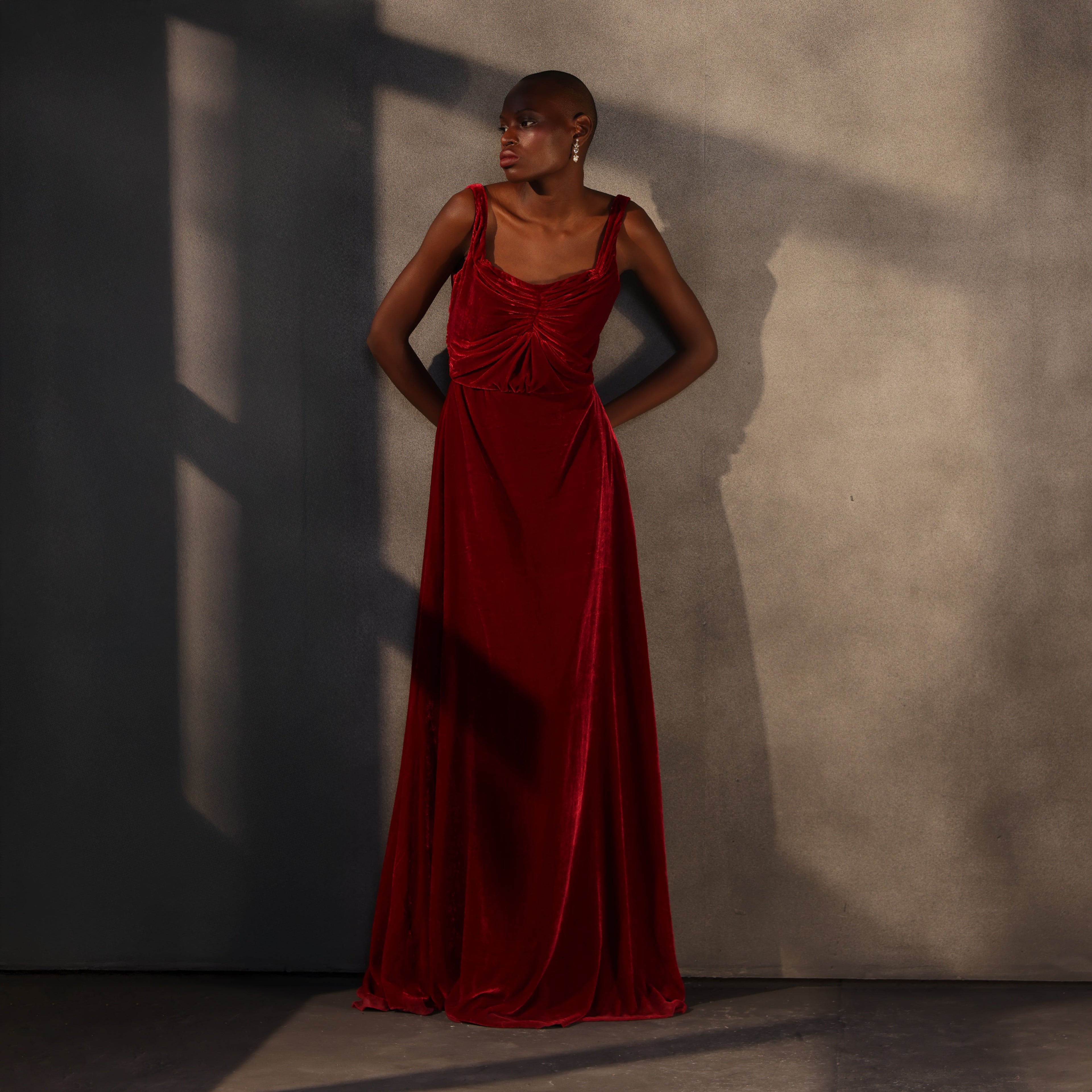 Crimson Reverie – Velvet Draped Gown