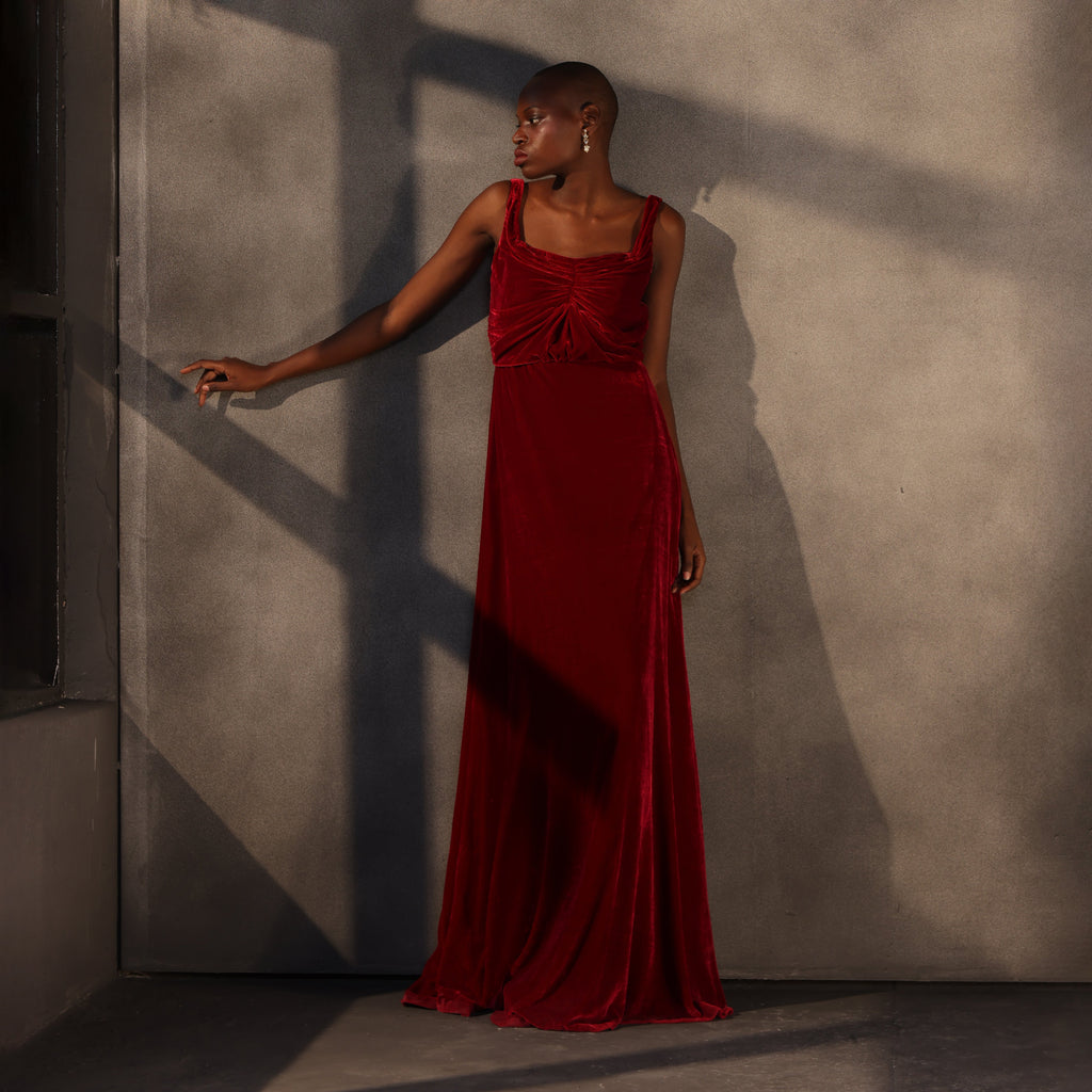 Crimson Reverie – Velvet Draped Gown