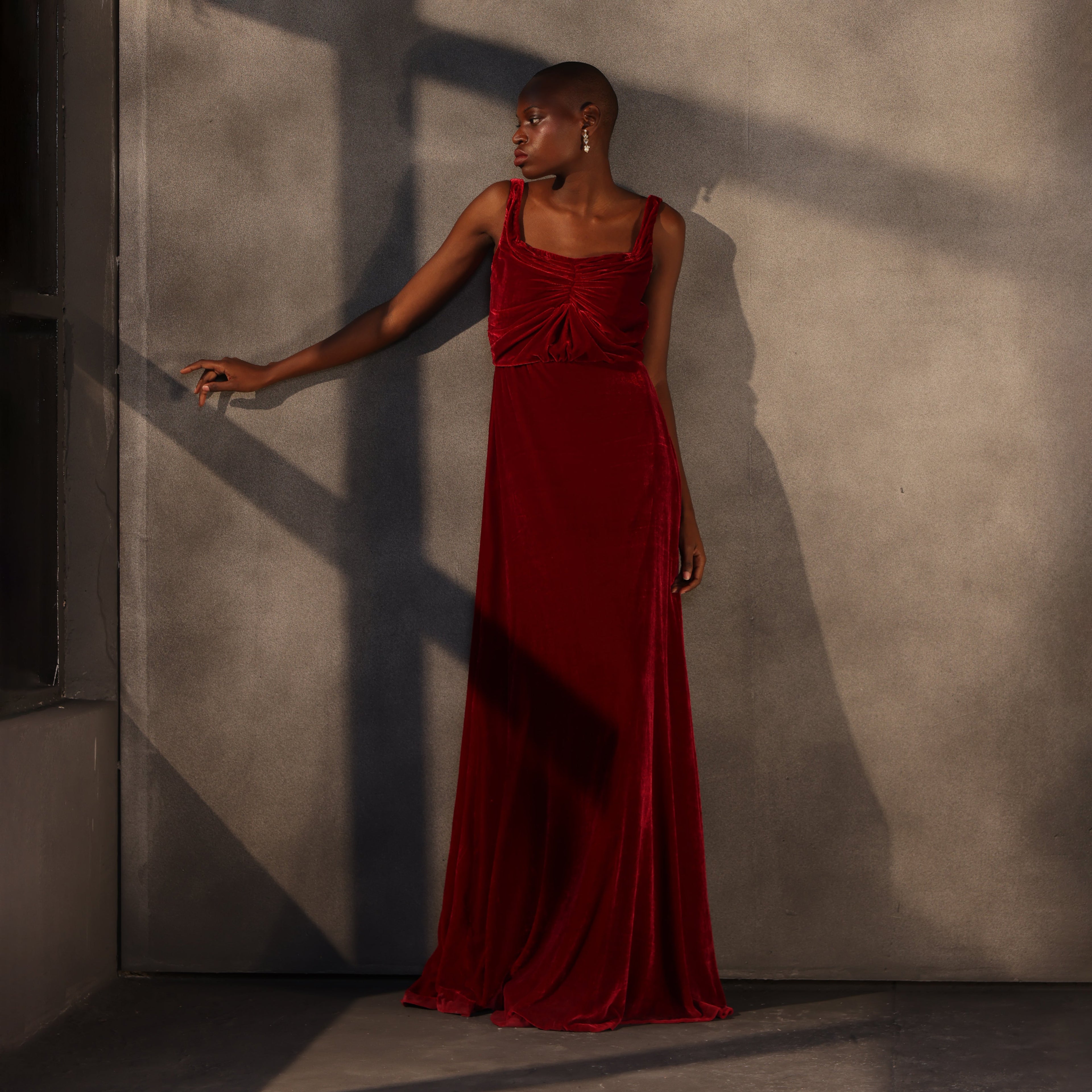 Crimson Reverie – Velvet Draped Gown