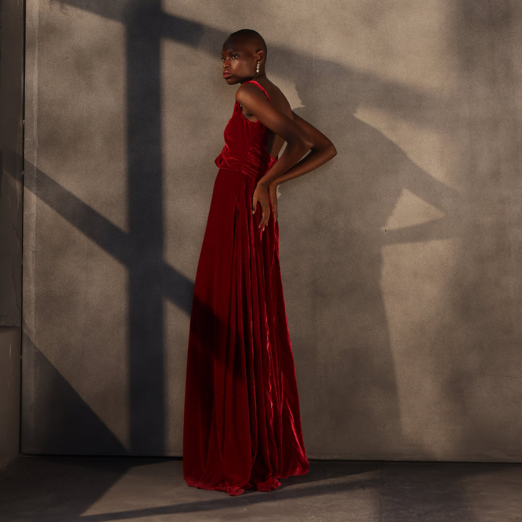 Crimson Reverie – Velvet Draped Gown