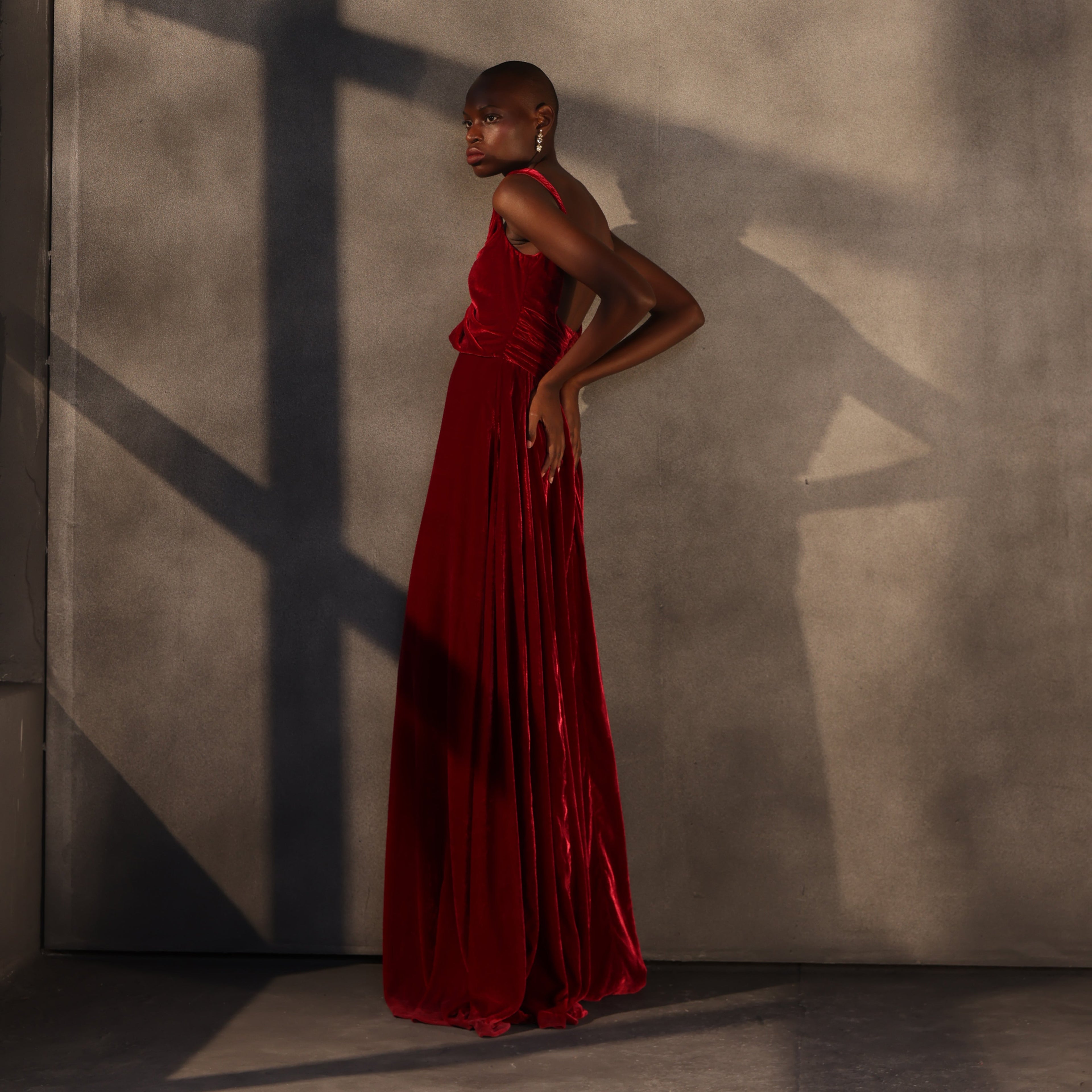 Crimson Reverie – Velvet Draped Gown