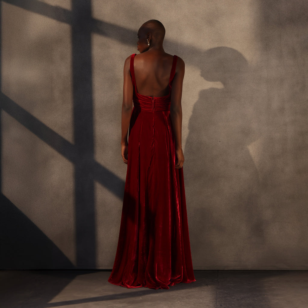 Crimson Reverie – Velvet Draped Gown
