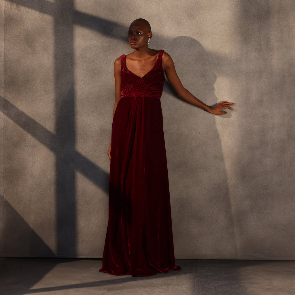 Crimson Veil – Twisted Shoulder Velvet Gown
