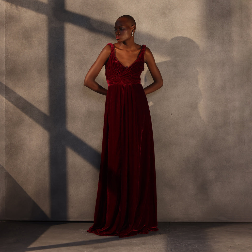 Crimson Veil – Twisted Shoulder Velvet Gown
