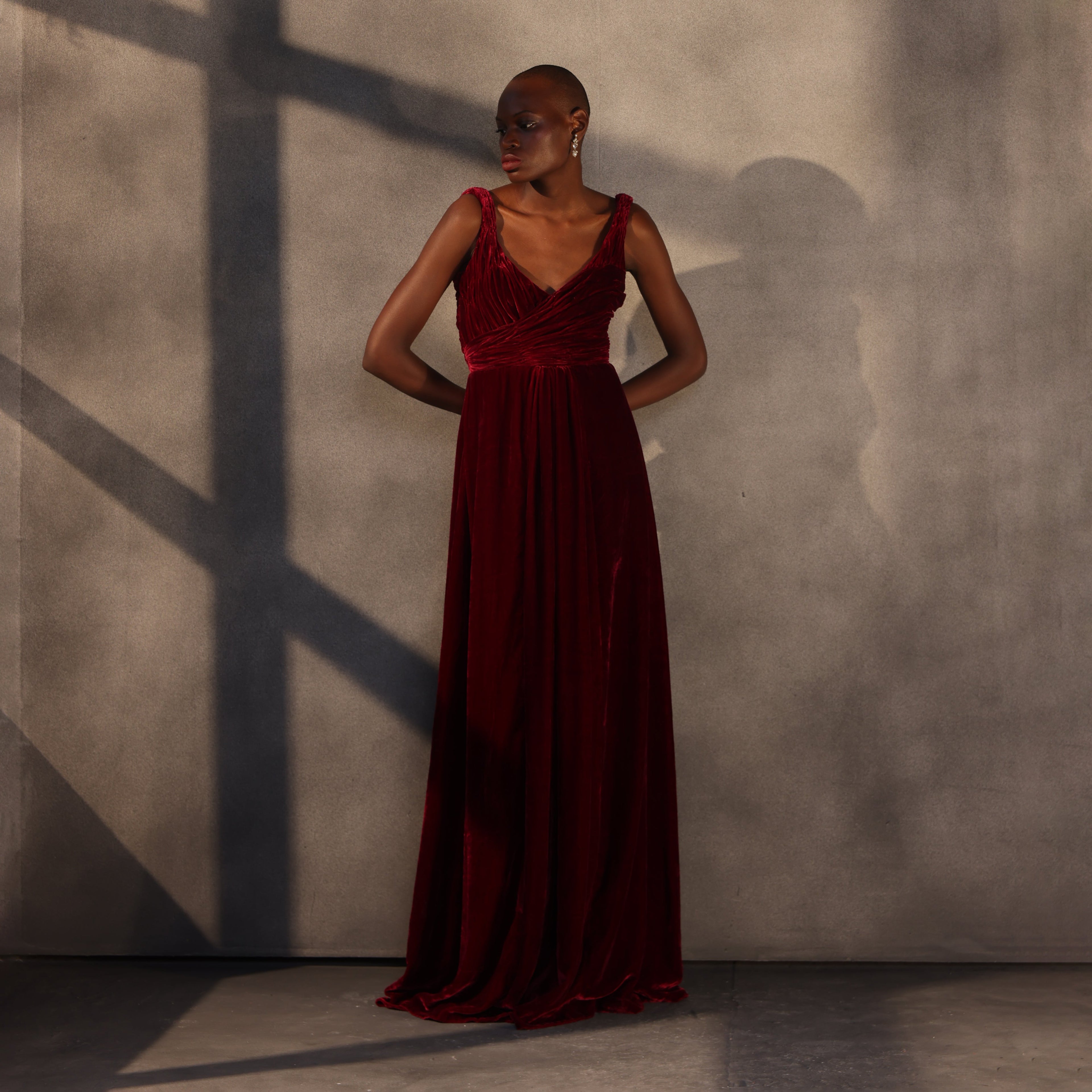 Crimson Veil – Twisted Shoulder Velvet Gown