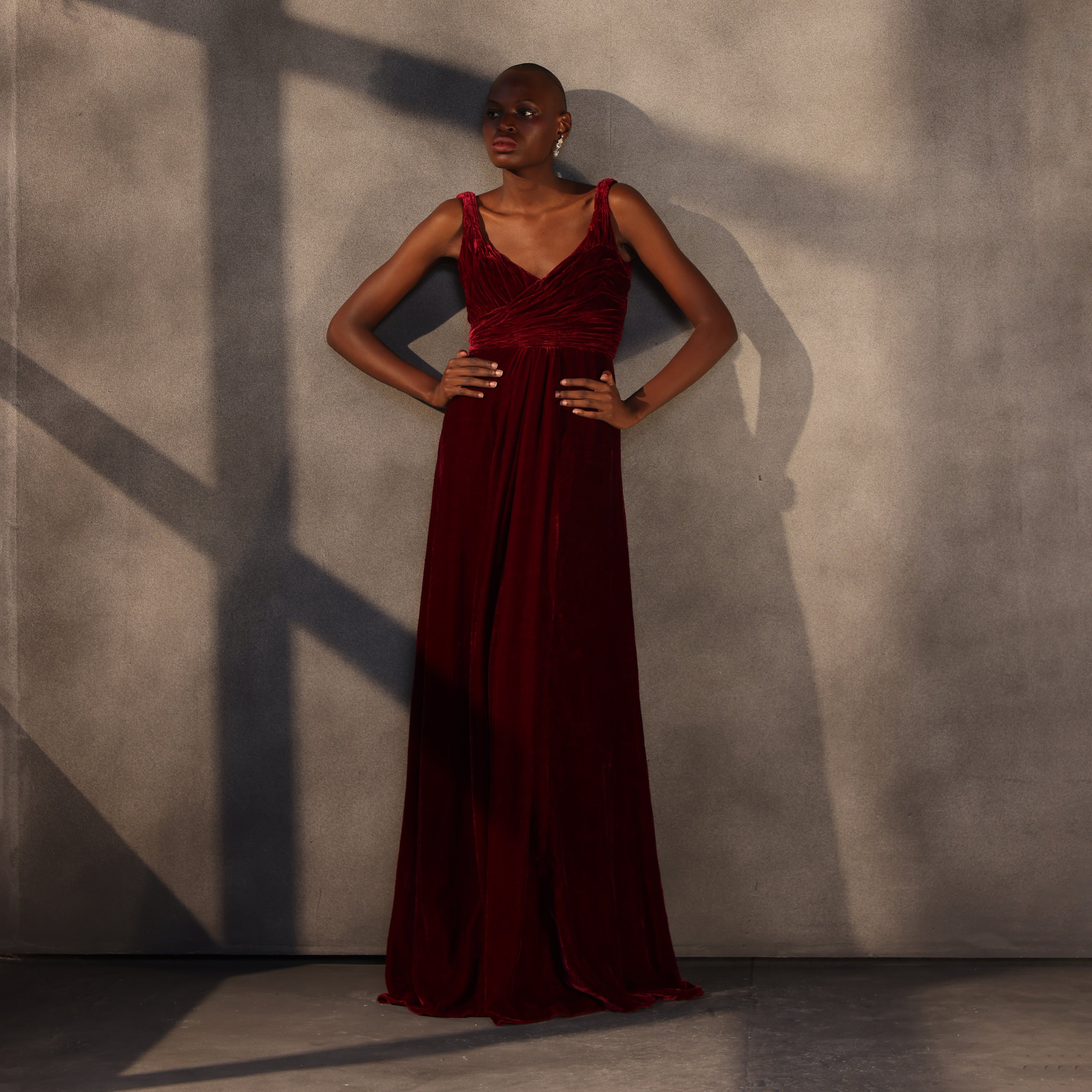 Crimson Veil – Twisted Shoulder Velvet Gown