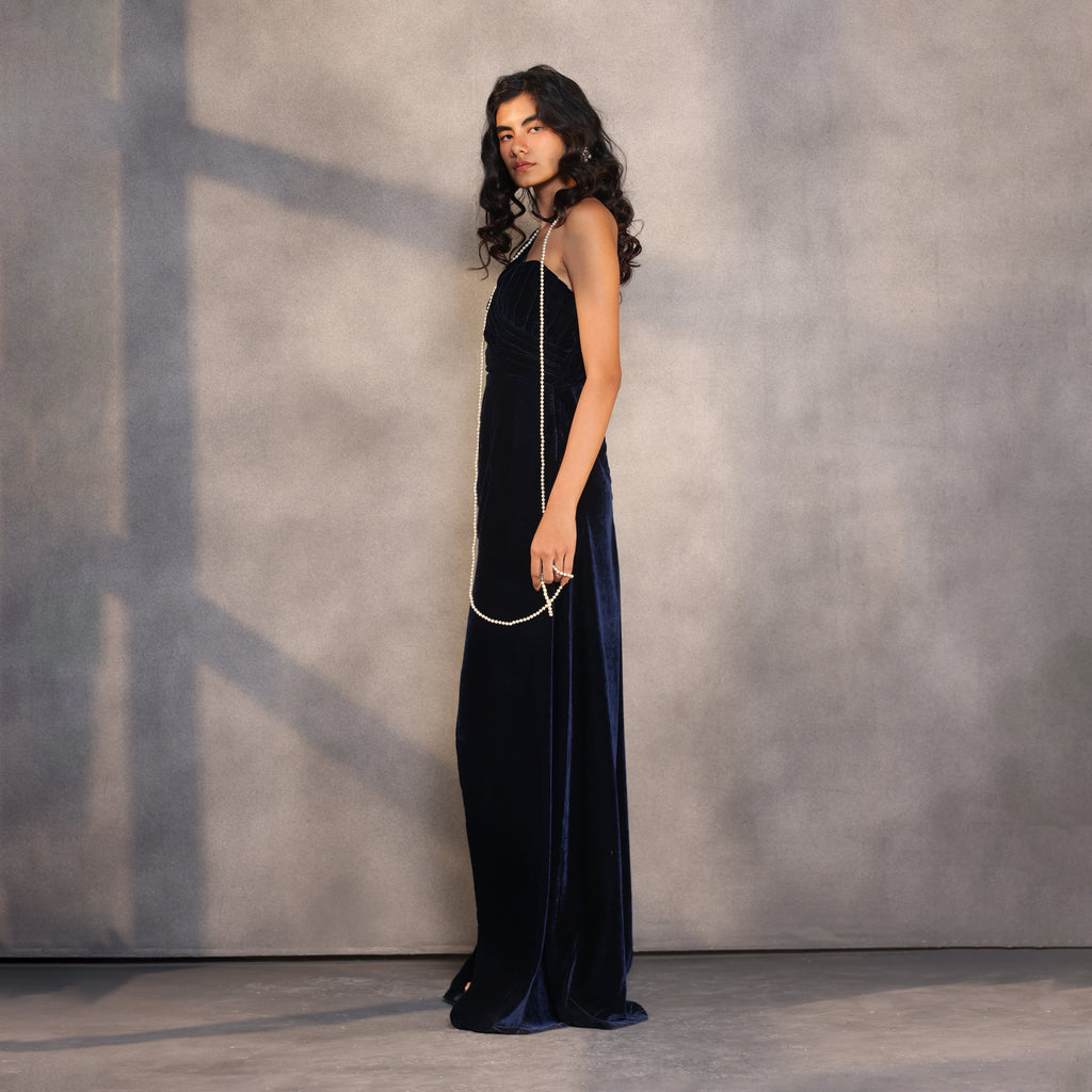 Sapphire Reverie – Velvet Draped Corset Gown