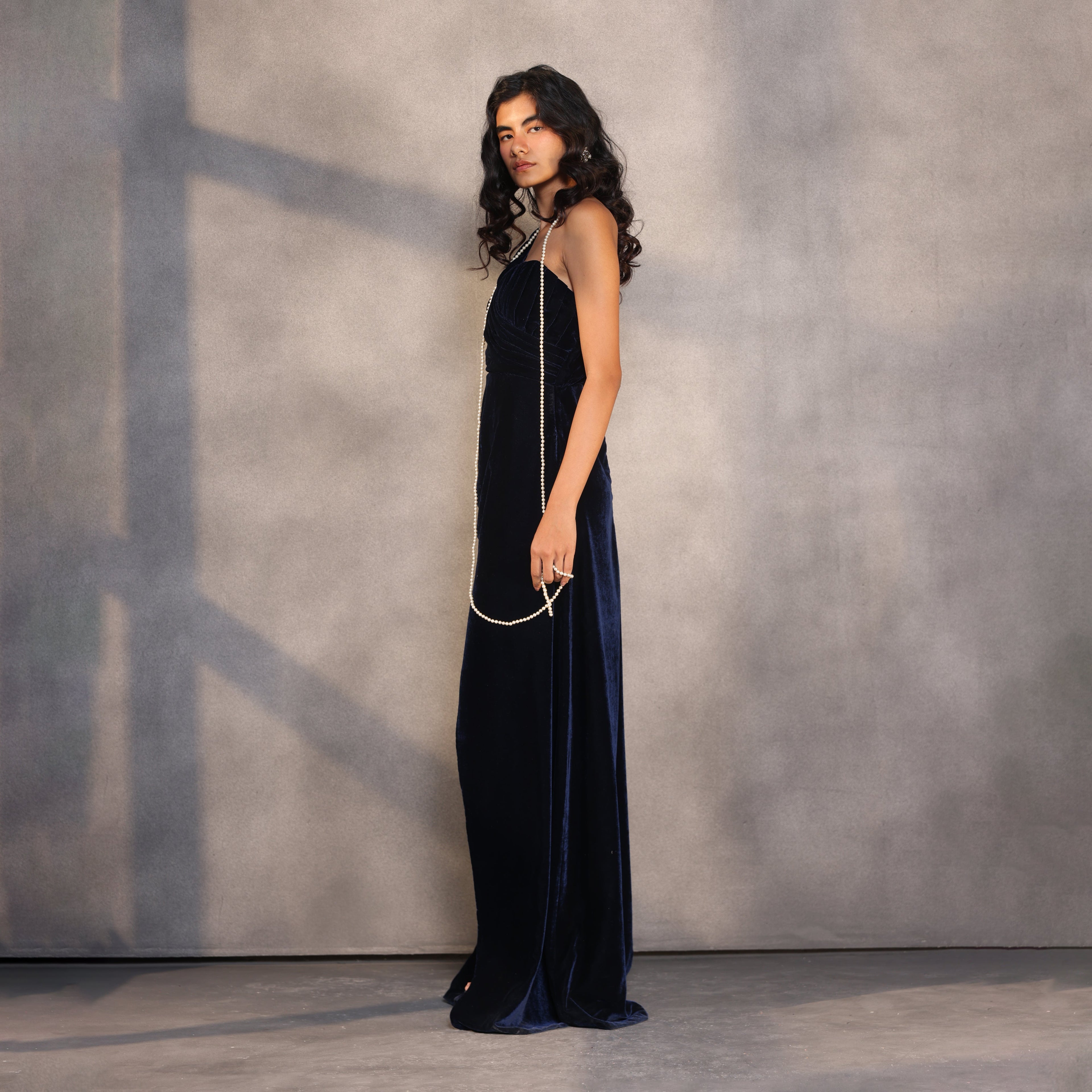 Sapphire Reverie – Velvet Draped Corset Gown