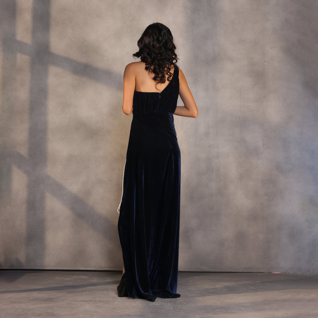 Sapphire Reverie – Velvet Draped Corset Gown