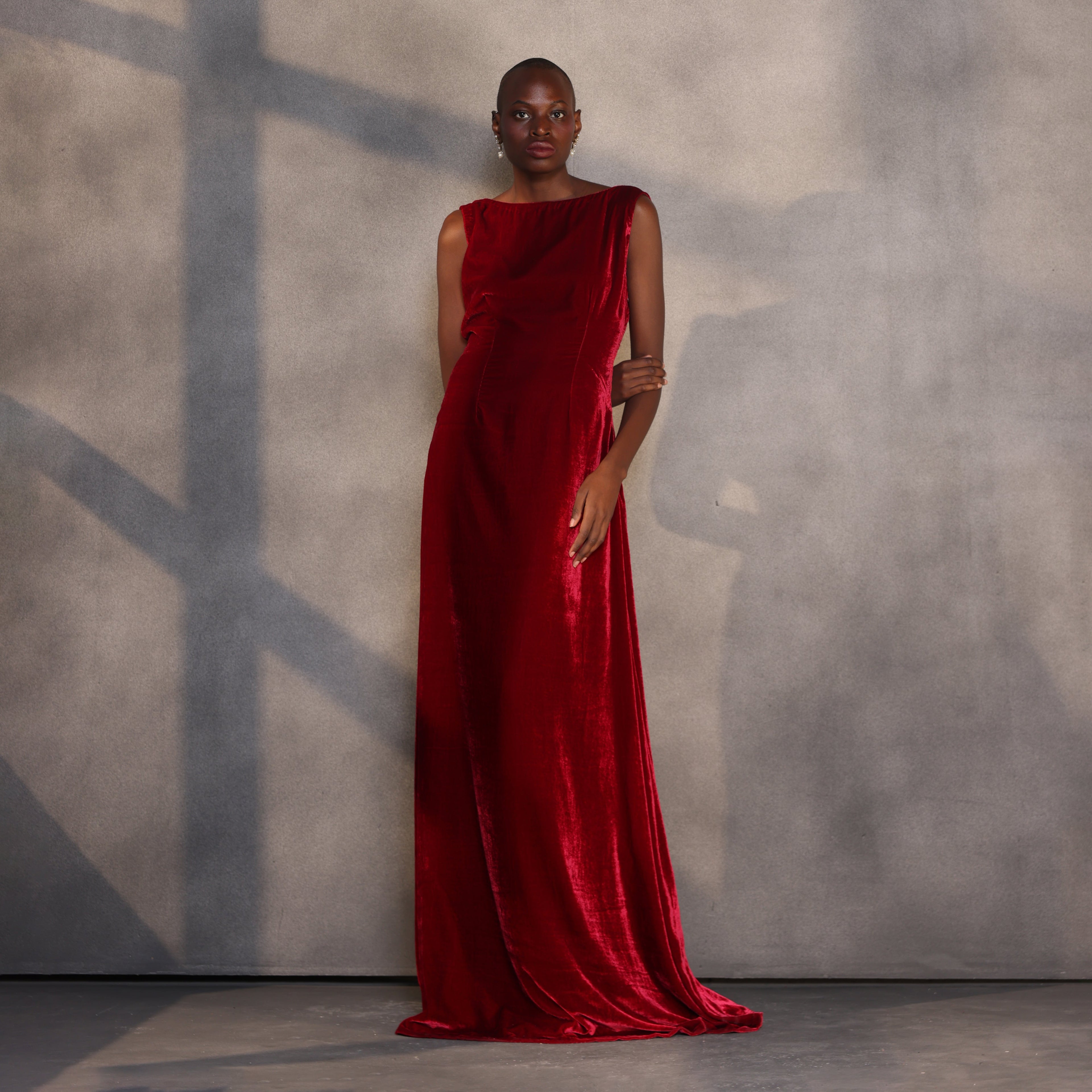 Ruby Reverie – Draped Velvet Gown