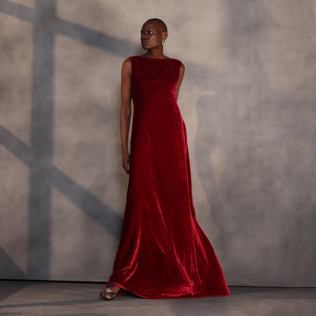 Ruby Reverie – Draped Velvet Gown