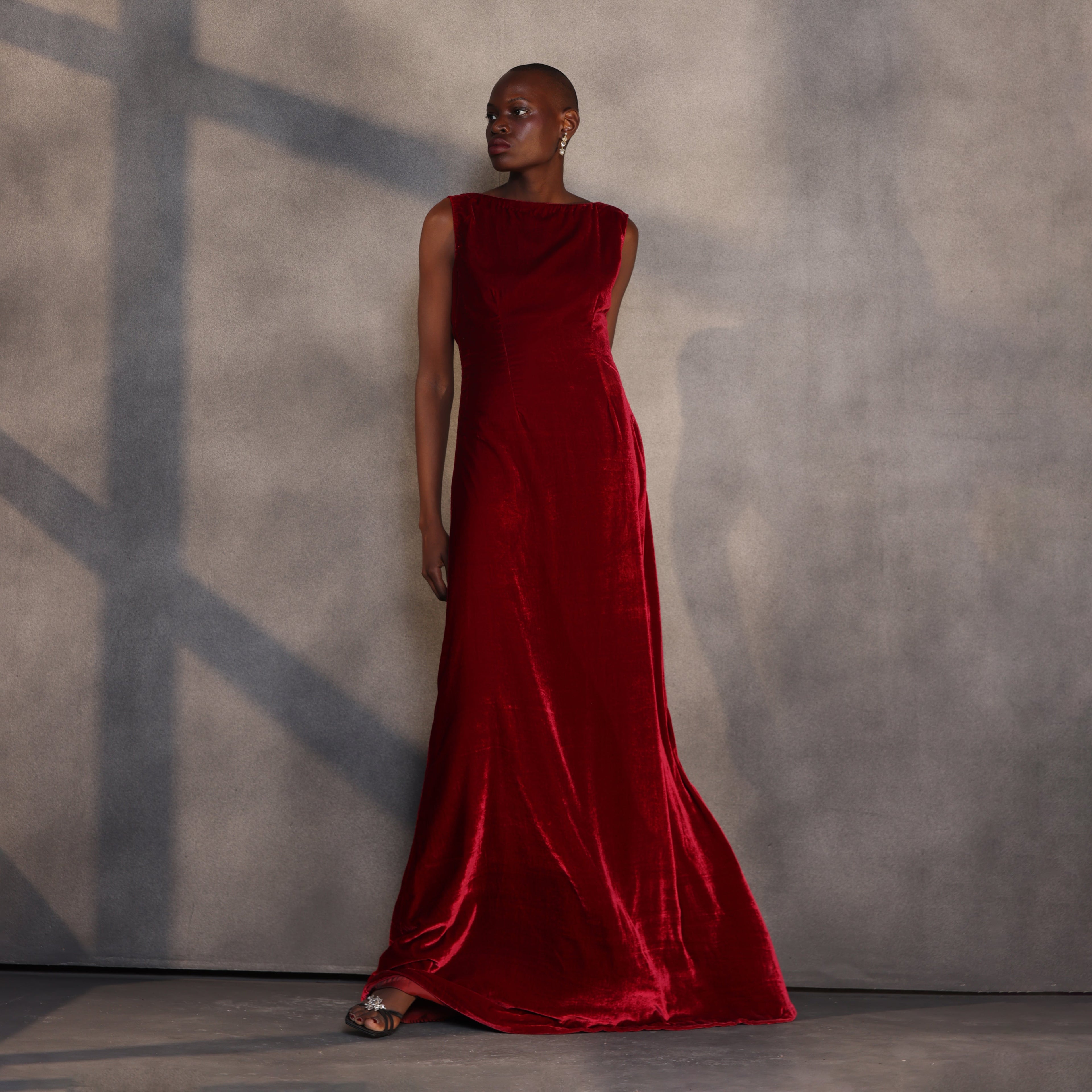 Ruby Reverie – Draped Velvet Gown