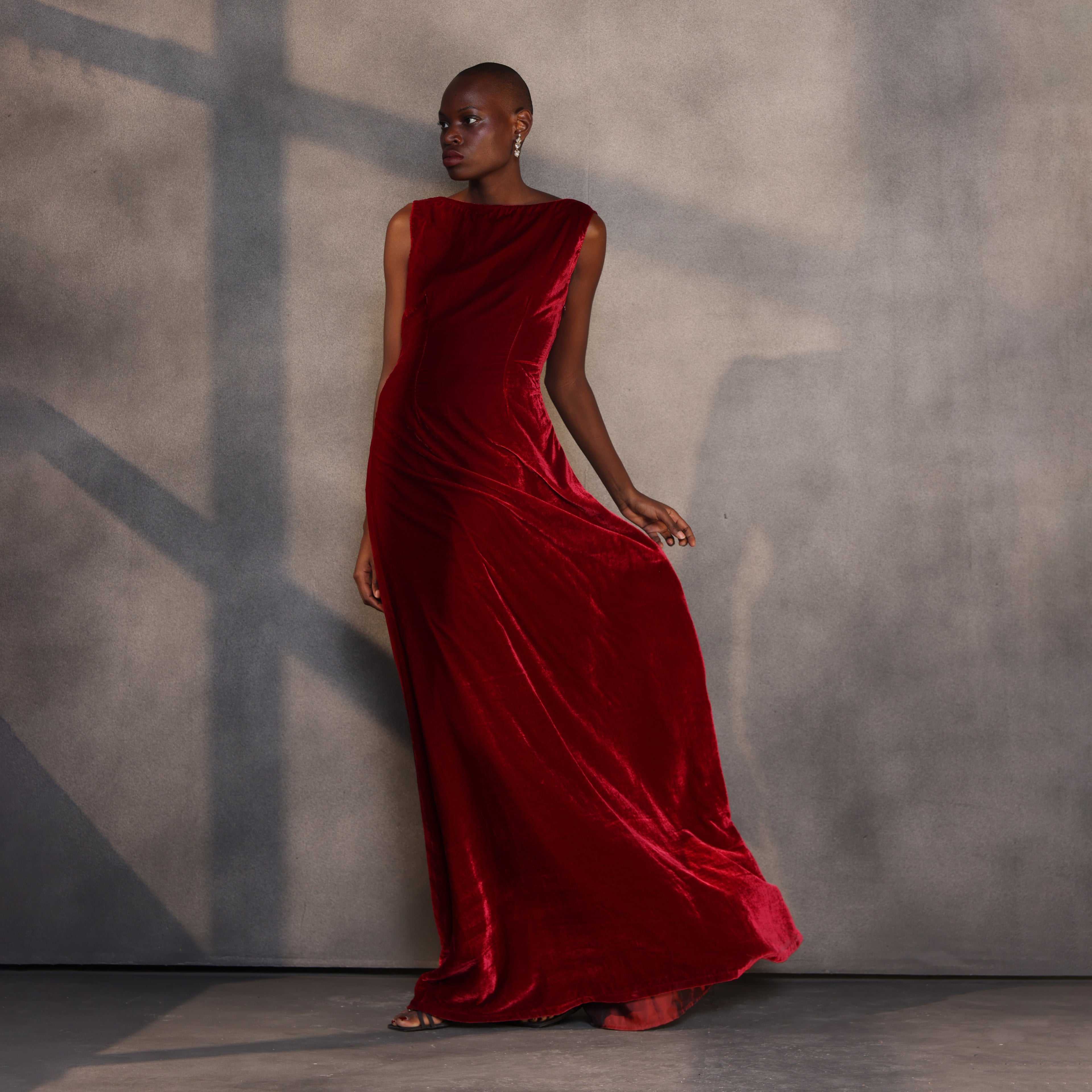 Ruby Reverie – Draped Velvet Gown