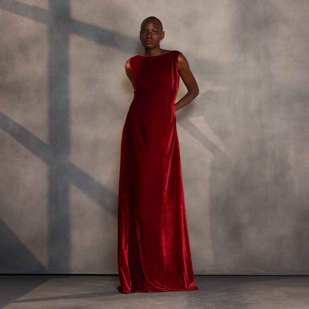 Ruby Reverie – Draped Velvet Gown