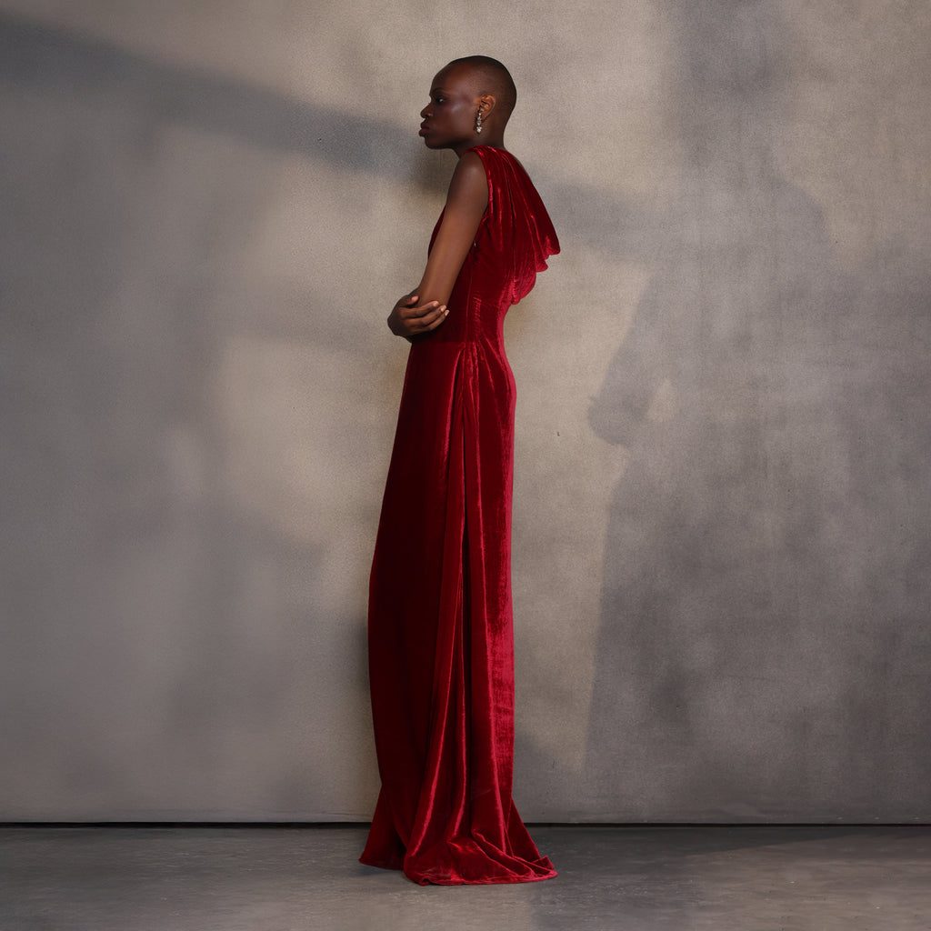 Ruby Reverie – Draped Velvet Gown