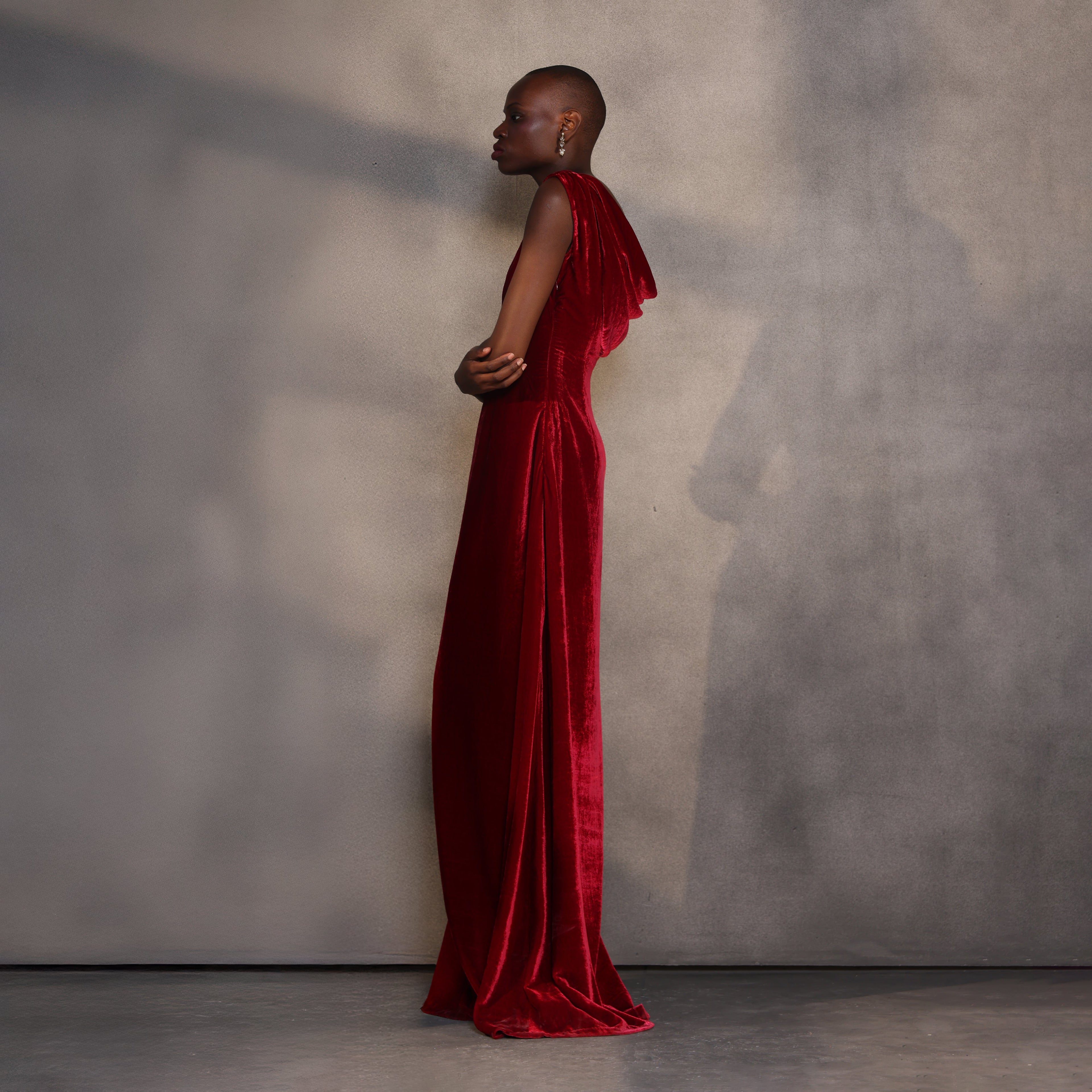 Ruby Reverie – Draped Velvet Gown