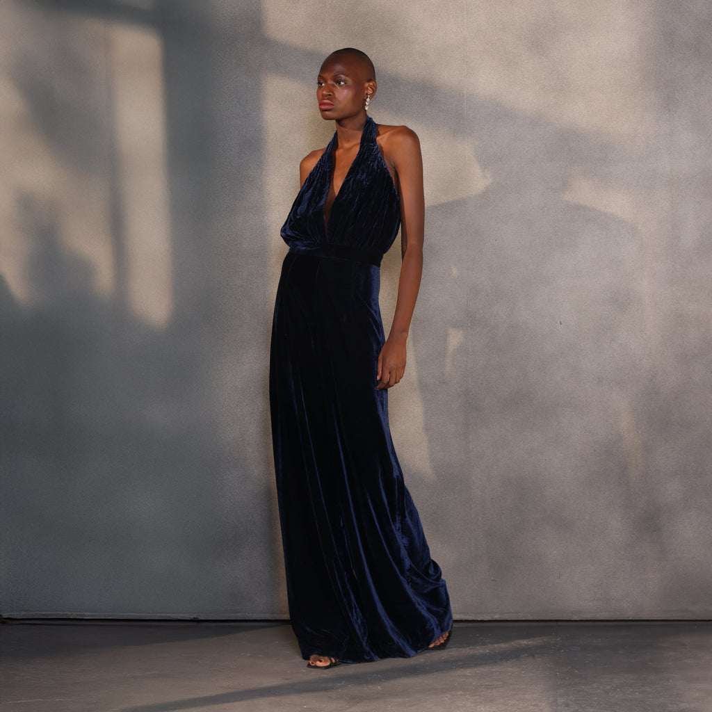 Sapphire Serenade – Draped Corset Gown