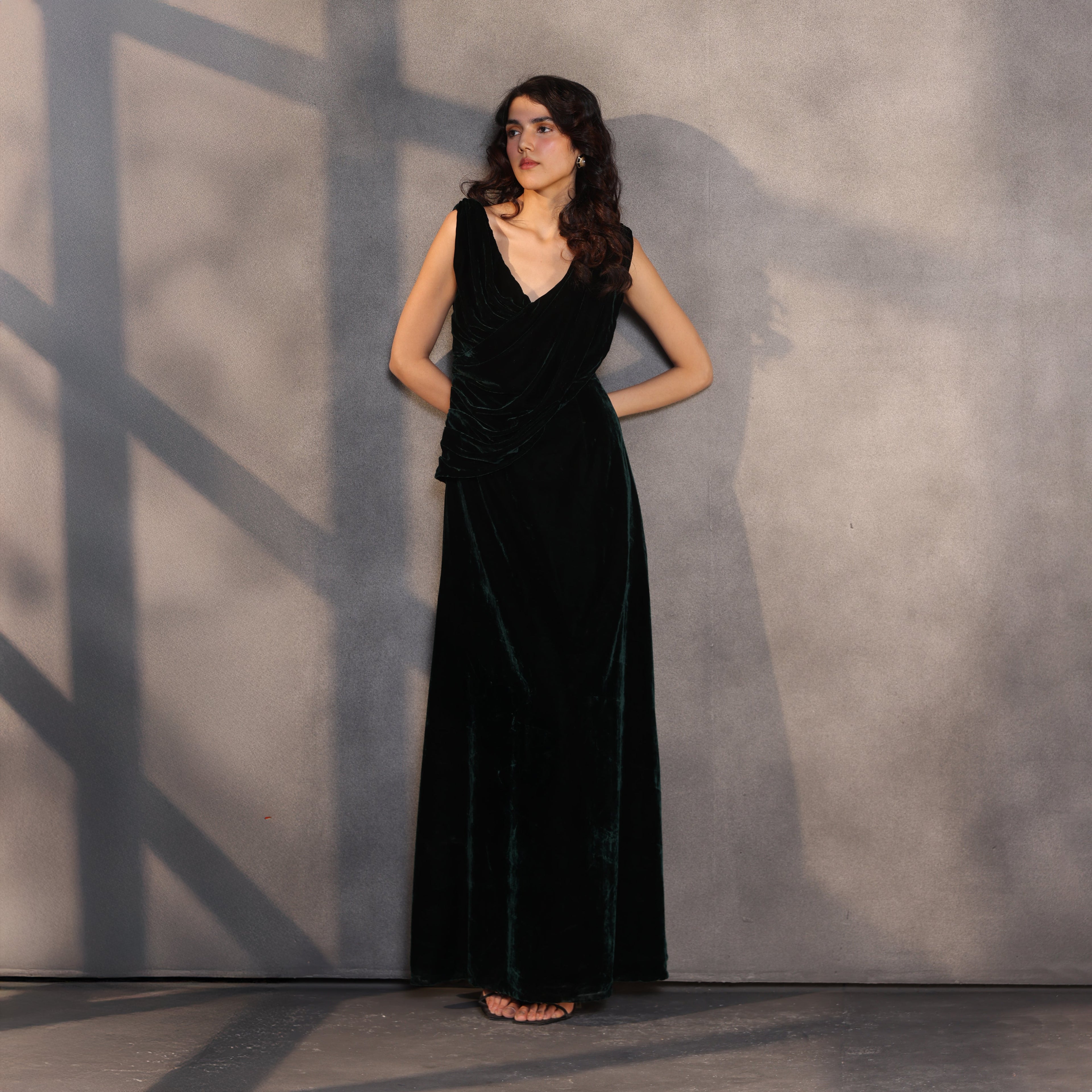 Emerald Veil – Velvet Draped Dress