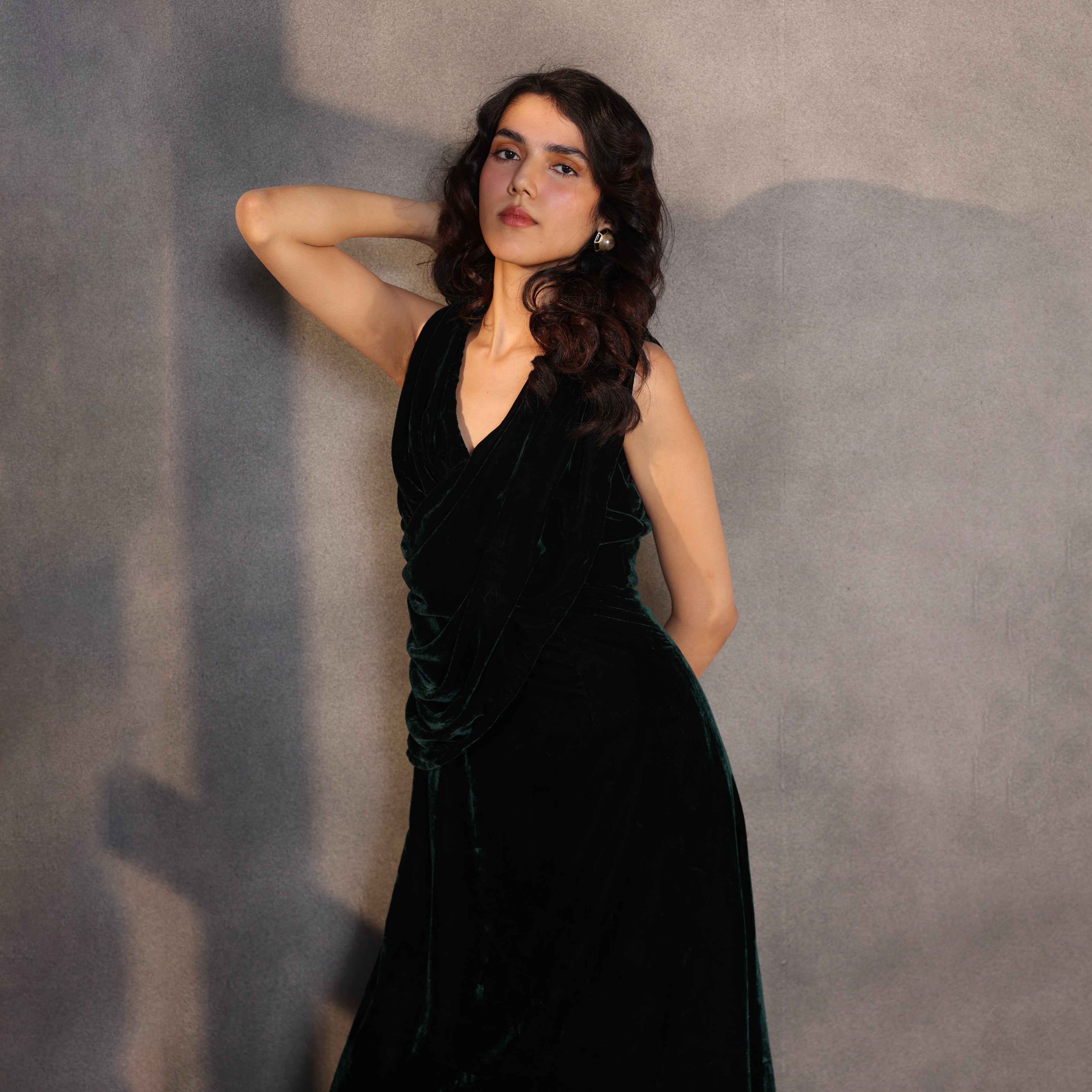 Emerald Veil – Velvet Draped Dress