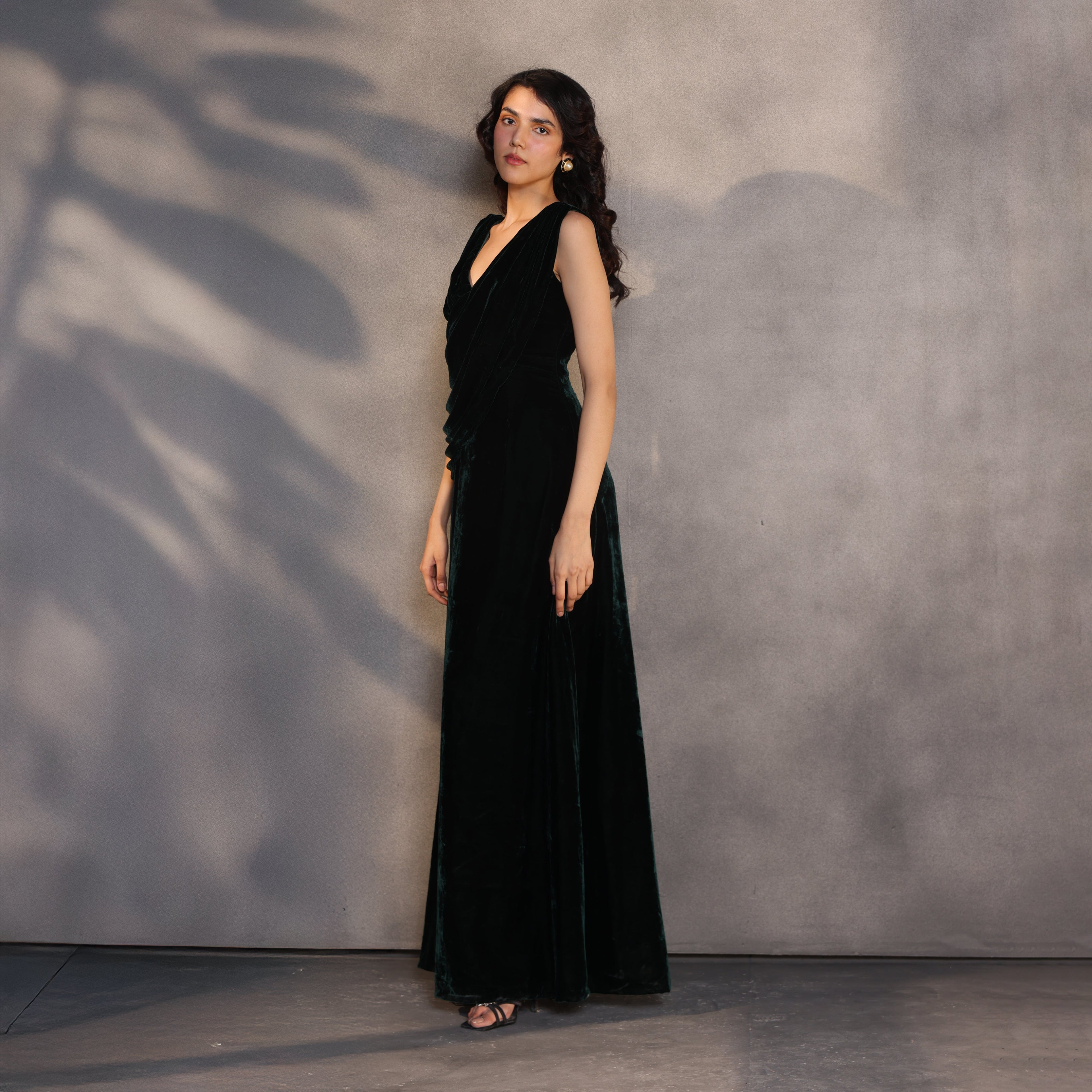 Emerald Veil – Velvet Draped Dress