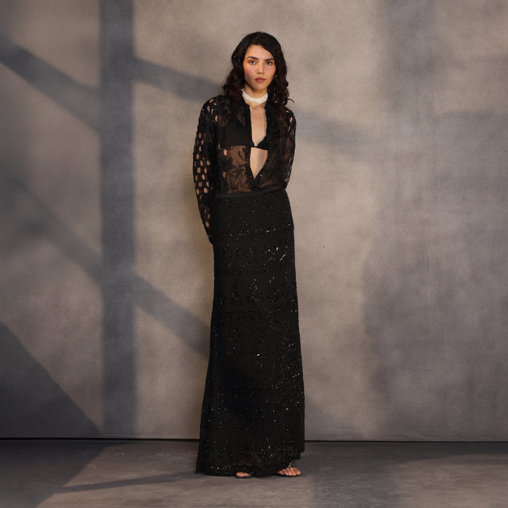 Eclipse Skirt – A Celestial Symphony in Black Silk Georgette