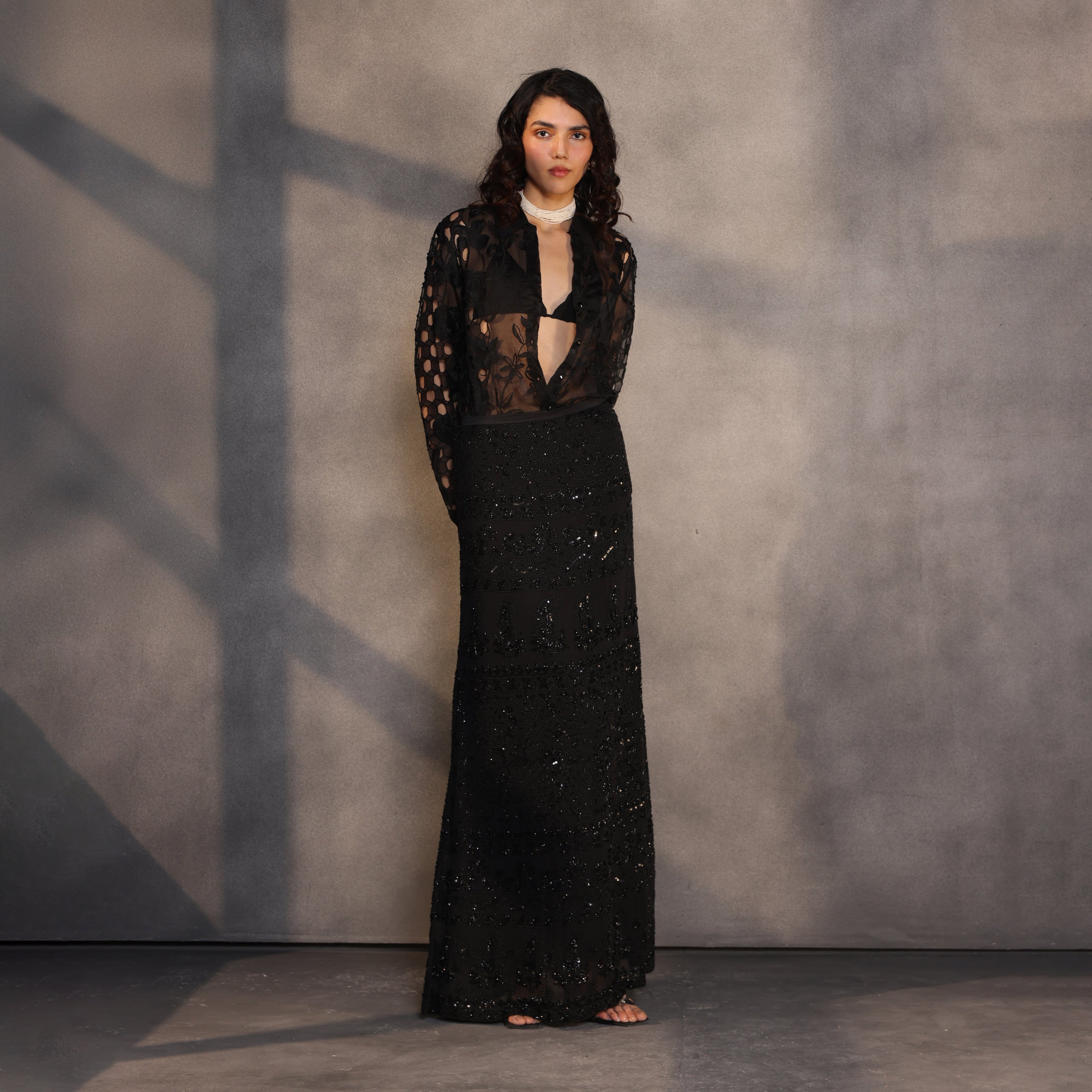 Eclipse Skirt – A Celestial Symphony in Black Silk Georgette