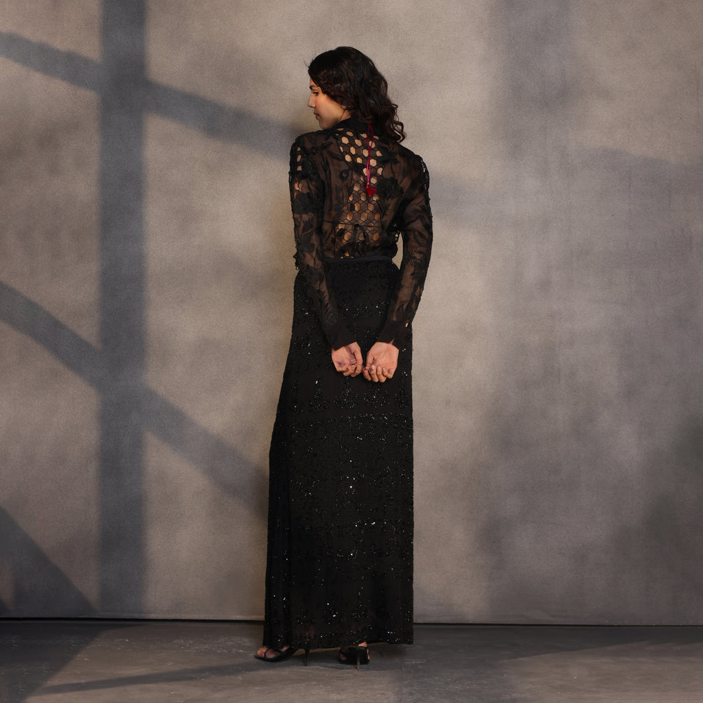 Eclipse Skirt – A Celestial Symphony in Black Silk Georgette