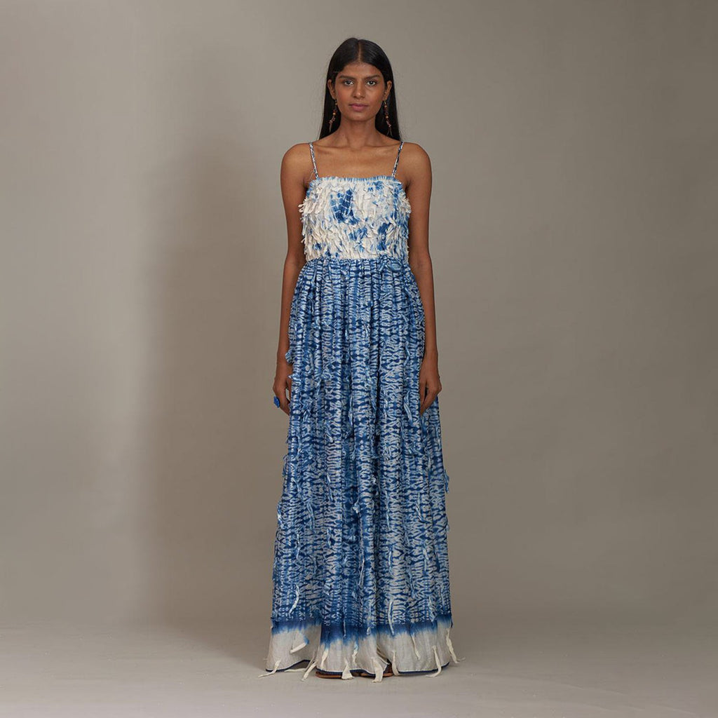 Rylee Corset Square Dress Leaf Blue Shibori