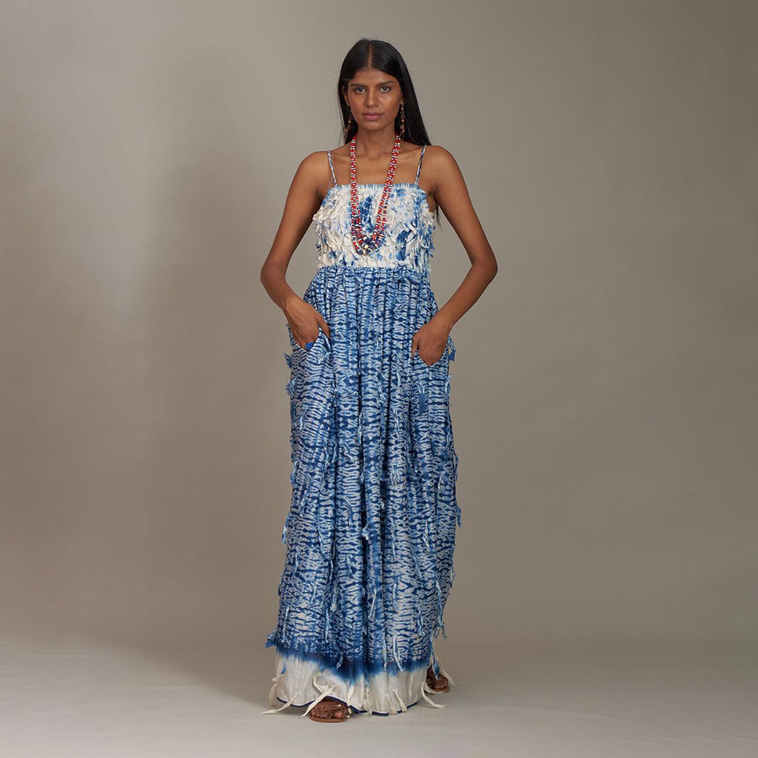 Rylee Corset Square Dress Leaf Blue Shibori