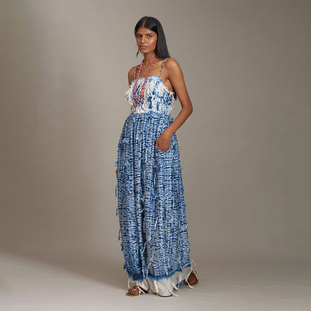 Rylee Corset Square Dress Leaf Blue Shibori