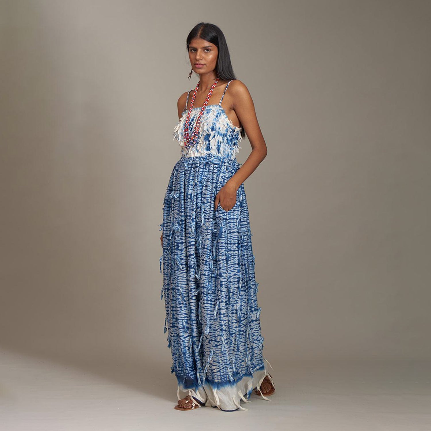 Rylee Corset Square Dress Leaf Blue Shibori