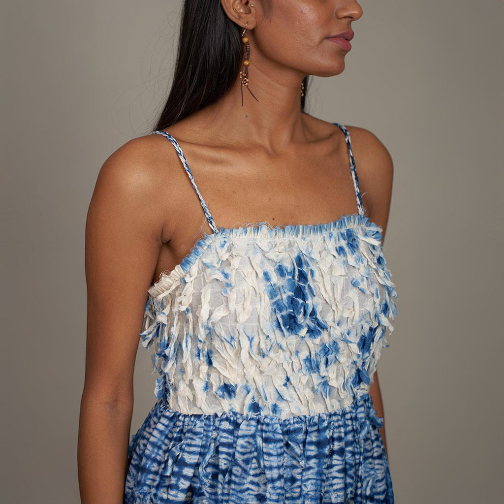 Rylee Corset Square Dress Leaf Blue Shibori
