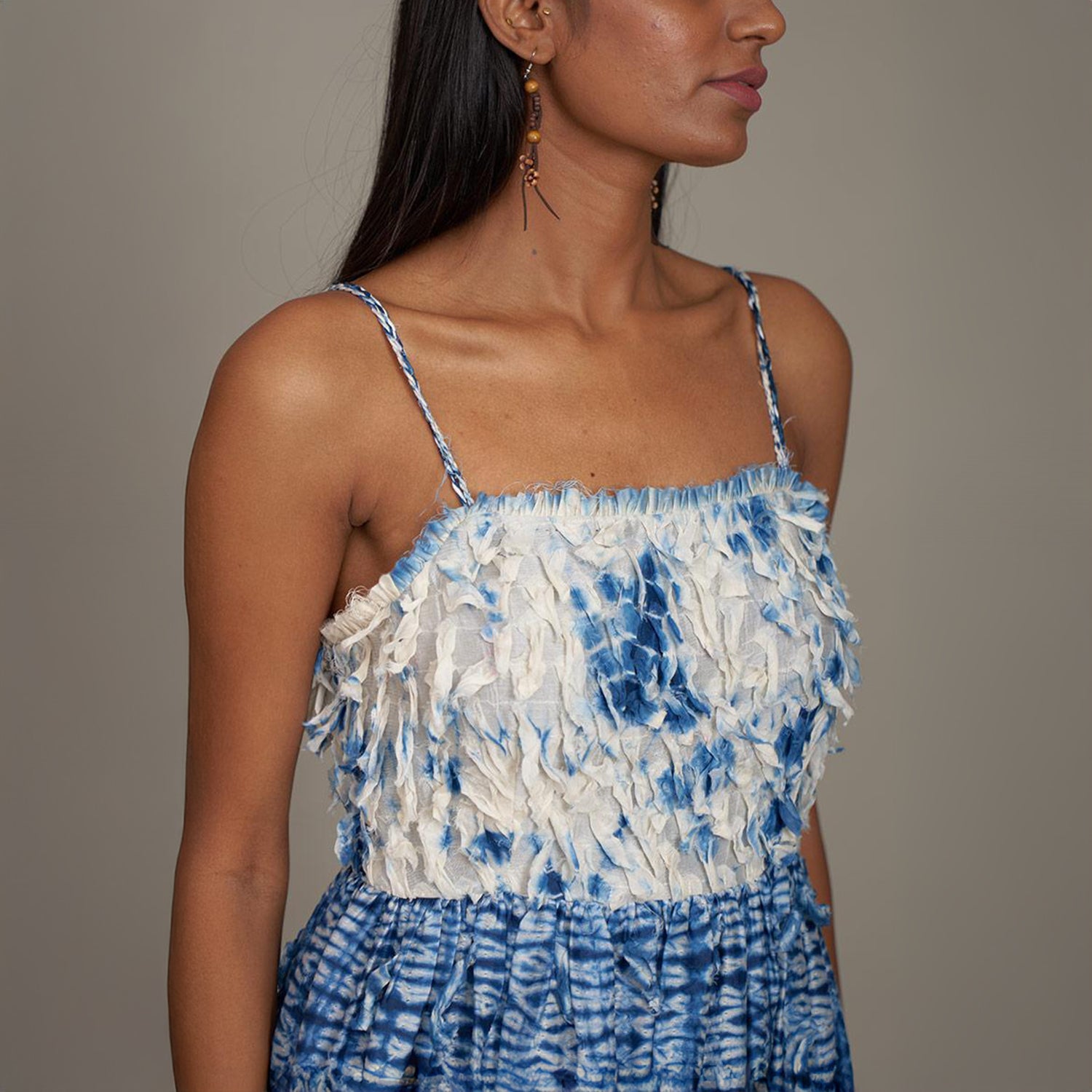 Rylee Corset Square Dress Leaf Blue Shibori
